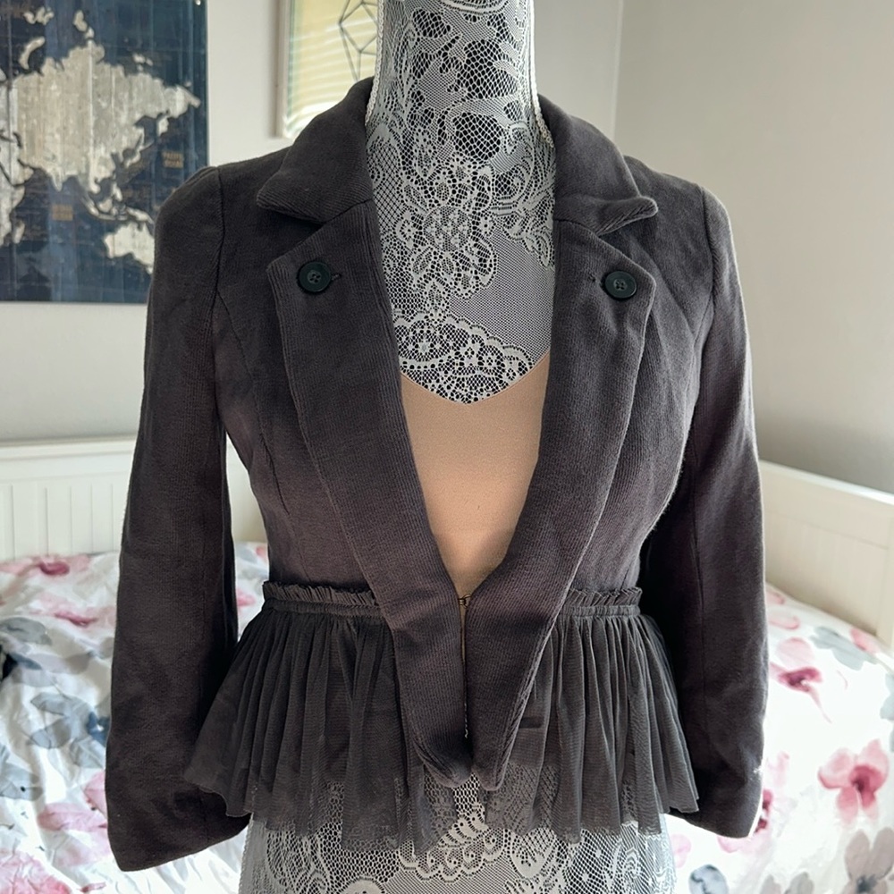 Free people Y2K Peplum Crop Jacket With Ruffle & Floral Liner Gray Blazer Size 6